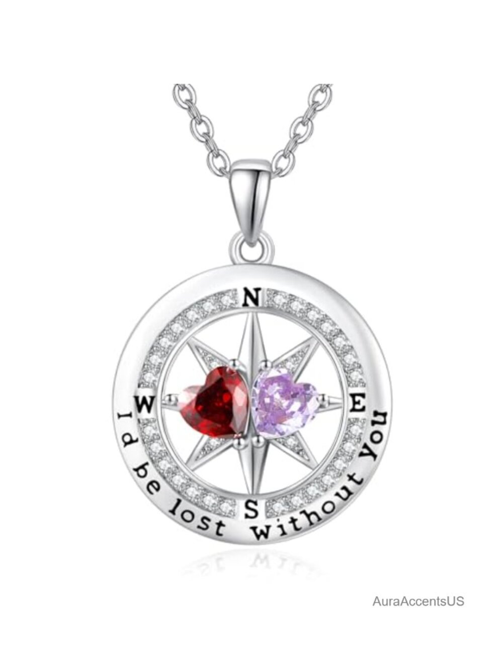 Compass Double Birthstone Pendant Necklace White Gold Plated Gift